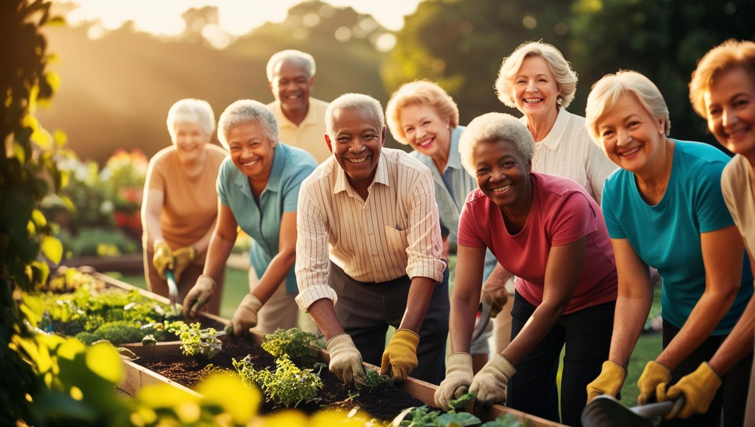 Seniors working together in a community garden with raised beds